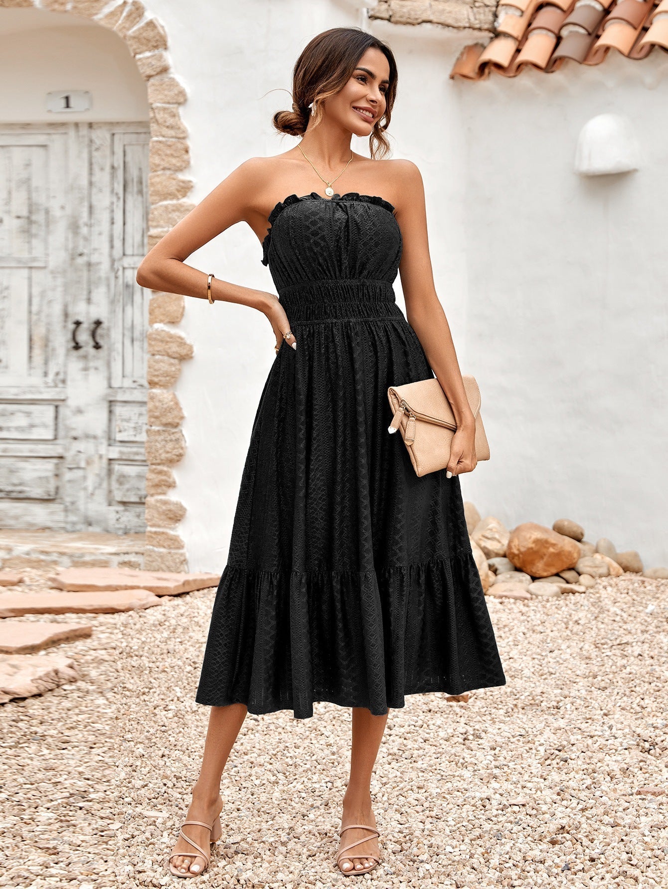 Women's Elegant Black Strapless Midi Dress