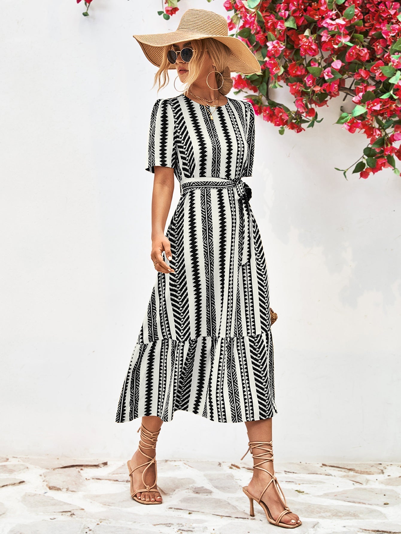 Women's Modern Black and White Striped Midi Dress