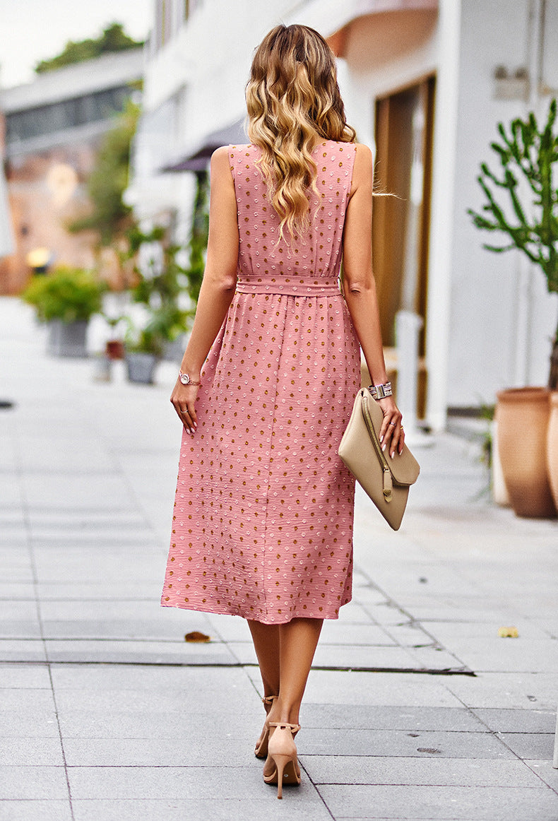 Women's Elegant Pink Midi Dress with Polka Dots