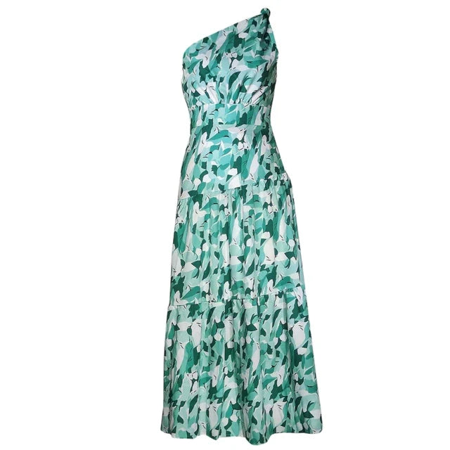 Women's Summer Floral Print One Shoulder Long Dress | Perfect for Casual Days