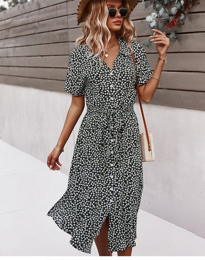 Women's Elegant Summer Midi Dress with Floral Print and Buttons | Ideal for Summer