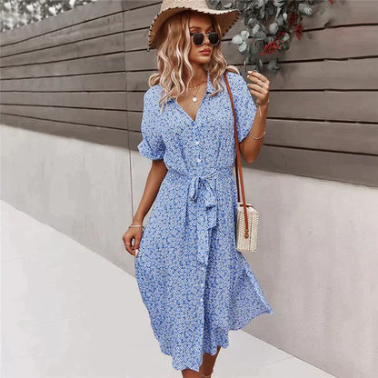 Women's Elegant Summer Midi Dress with Floral Print and Buttons | Ideal for Summer