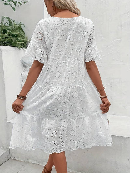 Women's Embroidery Eyelet Ruffle Hem Dress | Ideal for Summer