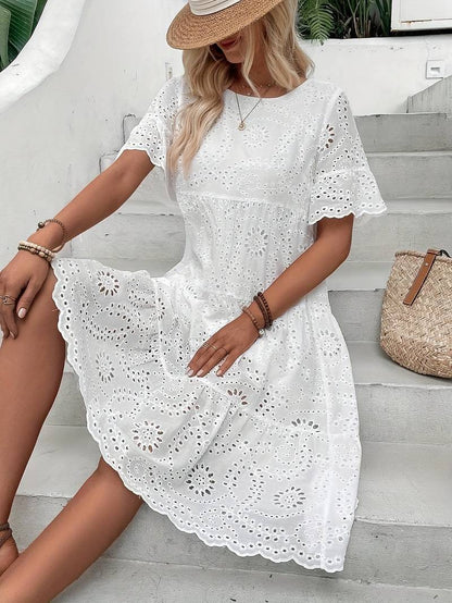 Women's Embroidery Eyelet Ruffle Hem Dress | Ideal for Summer