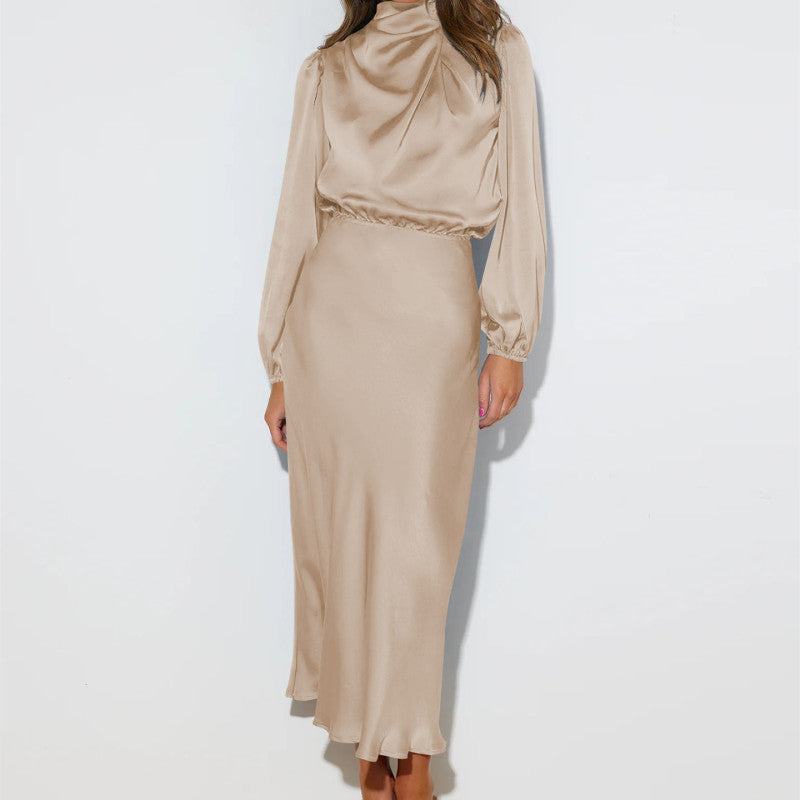 Women's Luxurious Satin High Neck Long Sleeve Dress | Ideal for Summer