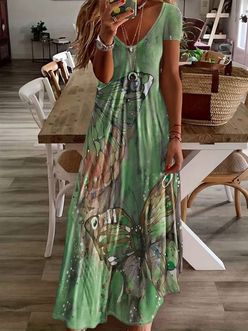 Women's Elegant V-Neck Dress with Butterfly Print | Ideal for Summer