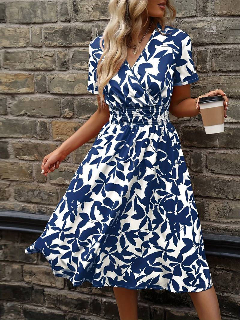 Women's Trendy Leaf Print Elastic Waist V-Neck Dress | Ideal for Summer