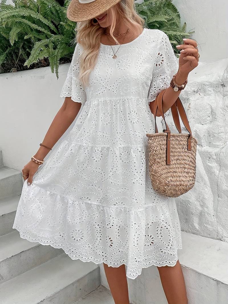 Women's Embroidery Eyelet Ruffle Hem Dress | Ideal for Summer