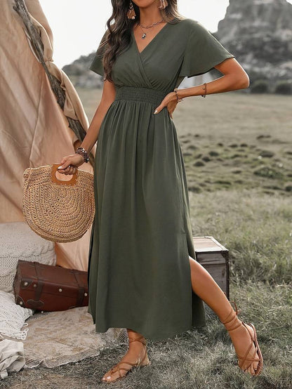 Women's Stretchy Green Waist V-neck Summer Dress | Ideal for Summer