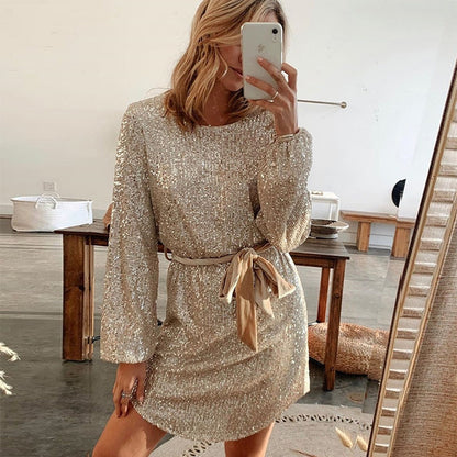 Women's Glitter Gold Party Dress with Belt