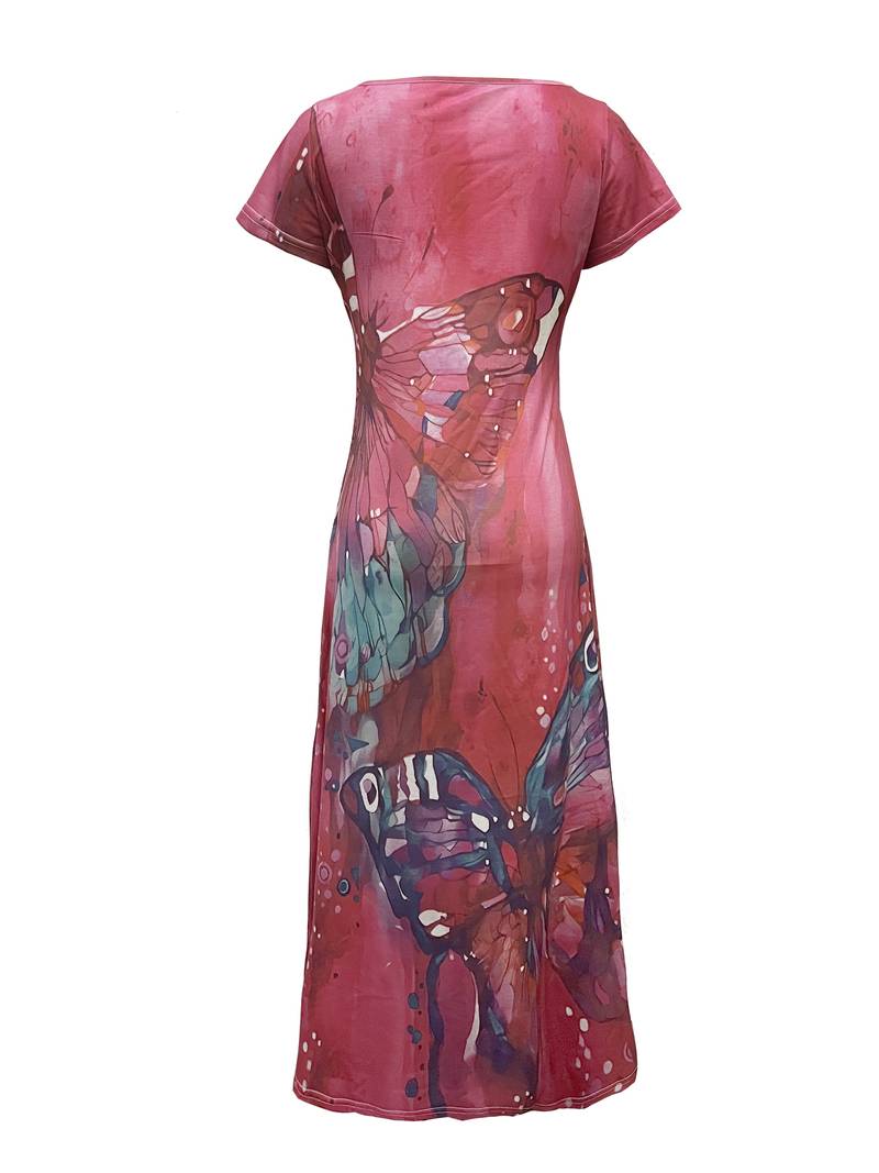 Women's Elegant V-Neck Dress with Butterfly Print | Ideal for Summer