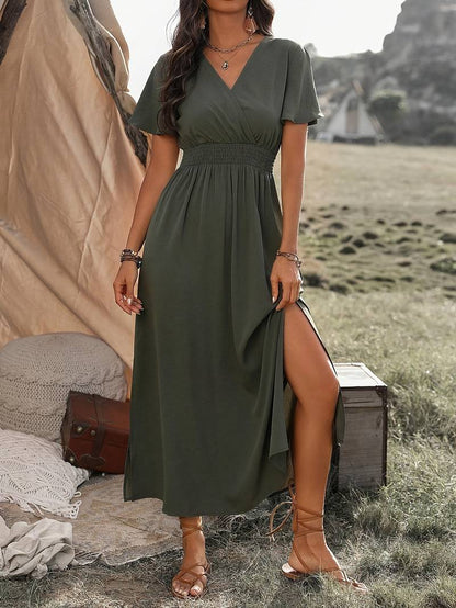 Women's Stretchy Green Waist V-neck Summer Dress | Ideal for Summer