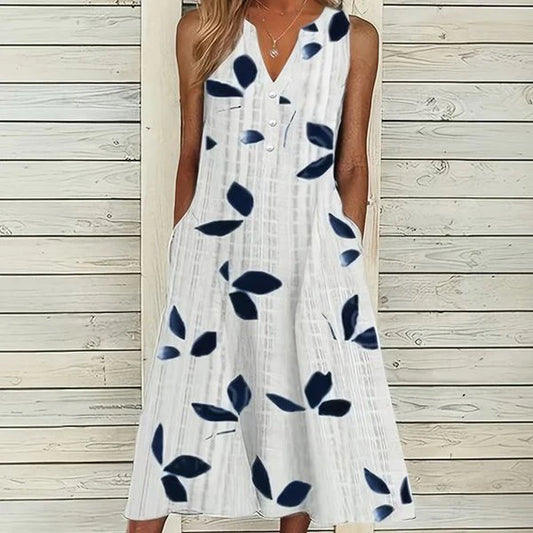 Women's Chic Sleeveless Leaf Print White Dress | Ideal for Summer