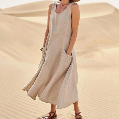 Women's Chic Sleeveless Linen Maxi Dress with Pockets | Ideal for Summer