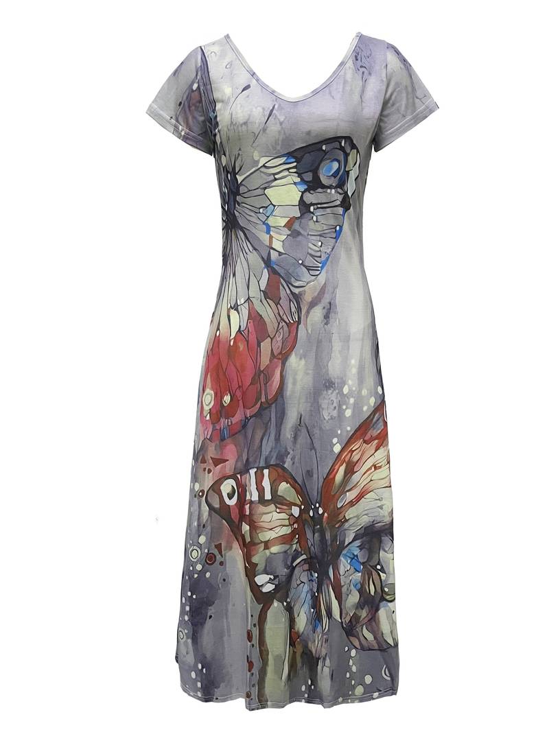 Women's Elegant V-Neck Dress with Butterfly Print | Ideal for Summer