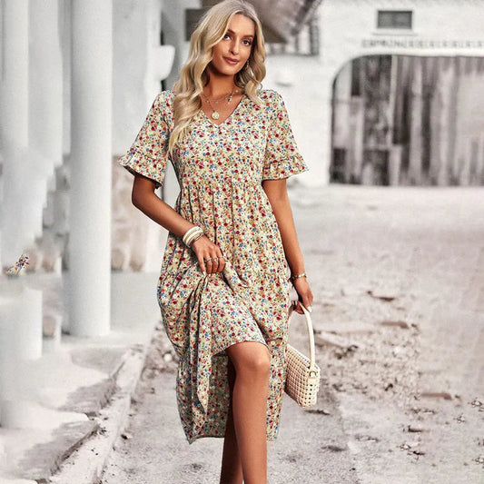 Women's Elegant Floral V-Neck Midi Dress with Half Sleeves | Ideal for Summer