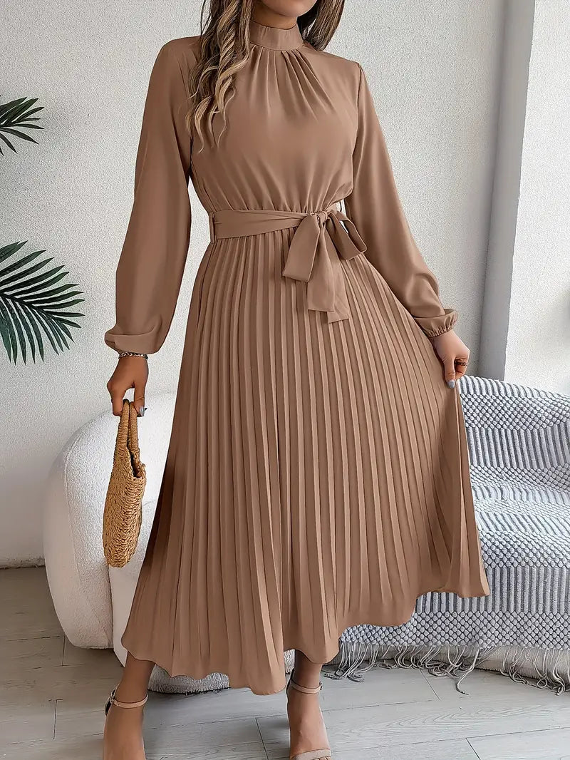 Women's Stylish Solid Colour Dress with Stand-Up Collar and Pleated Belt | Ideal for Summer