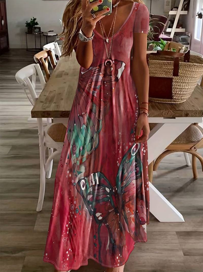 Women's Elegant V-Neck Dress with Butterfly Print | Ideal for Summer