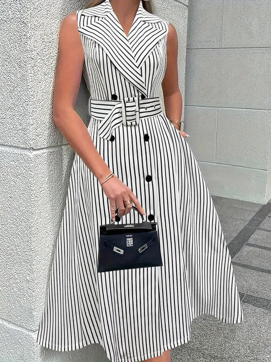 Women's Chic Black and White Striped Trench Coat Dress