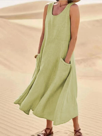 Women's Chic Sleeveless Linen Maxi Dress with Pockets | Ideal for Summer