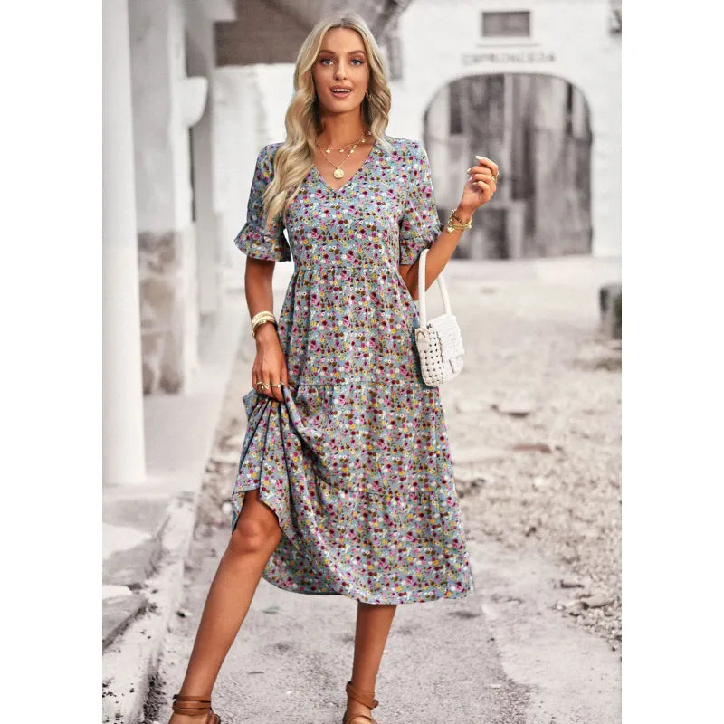 Women's Stylish Trendy Short Sleeve V-Neck Maxi Dress with Floral Design | Ideal for Summer