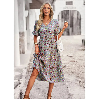 Women's Stylish Trendy Short Sleeve V-Neck Maxi Dress with Floral Design | Ideal for Summer