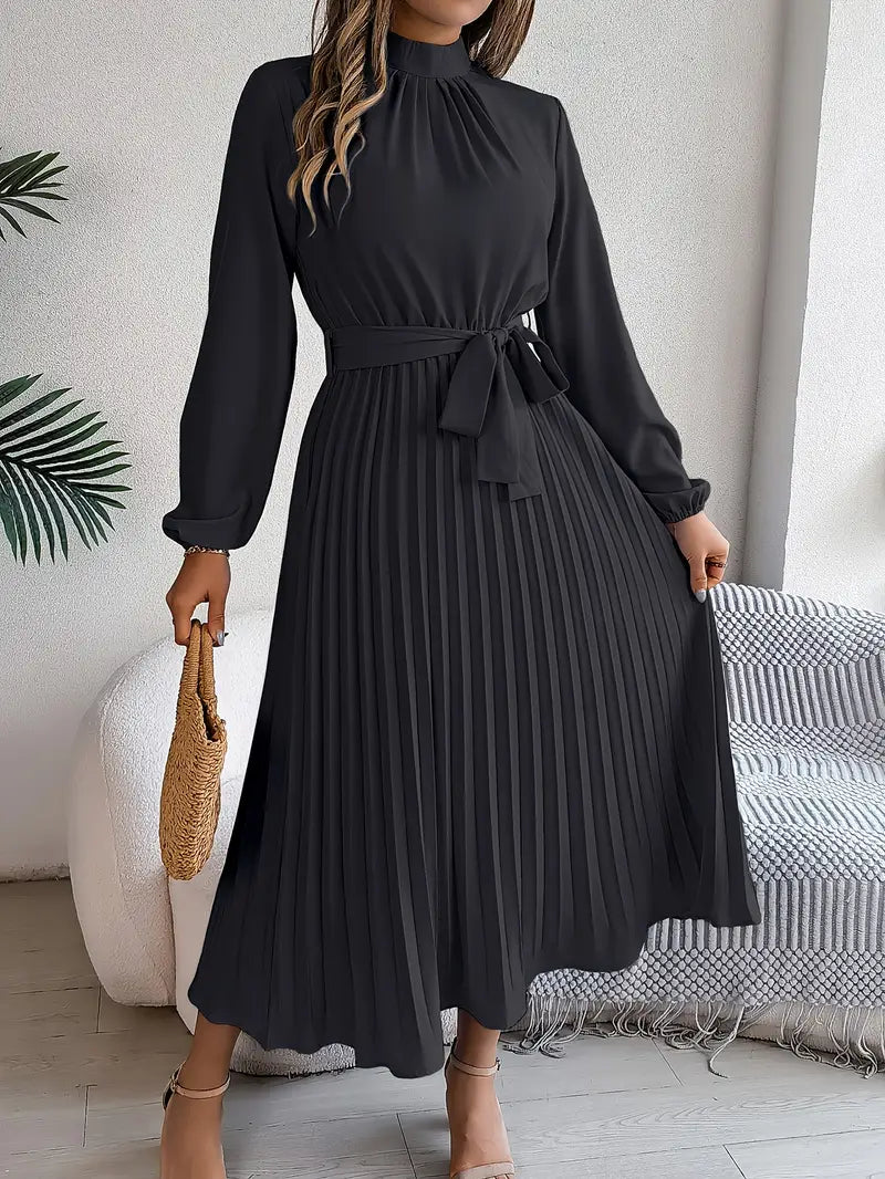 Women's Stylish Solid Colour Dress with Stand-Up Collar and Pleated Belt | Ideal for Summer