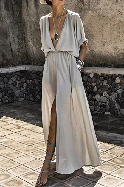 Women's Stylish V-neck Long Formal Dress with Slit | Ideal for Summer