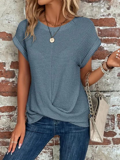 Women's Casual Waffle Knit T-shirt with Front Twist | Perfect for Casual Days