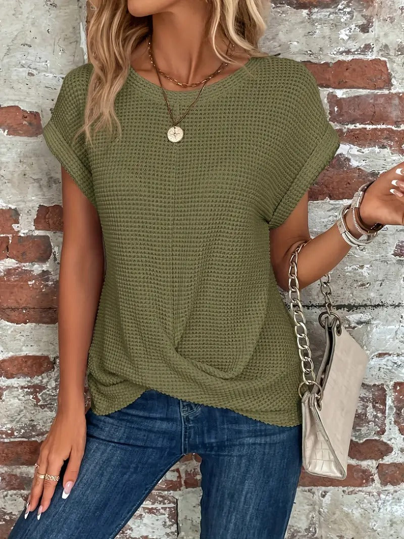 Women's Casual Waffle Knit T-shirt with Front Twist | Perfect for Casual Days