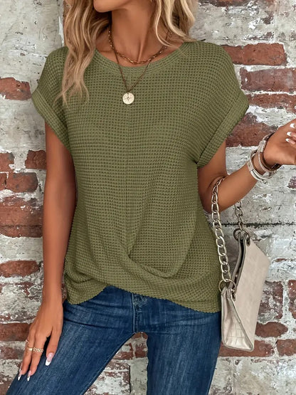 Women's Casual Waffle Knit T-shirt with Front Twist | Perfect for Casual Days