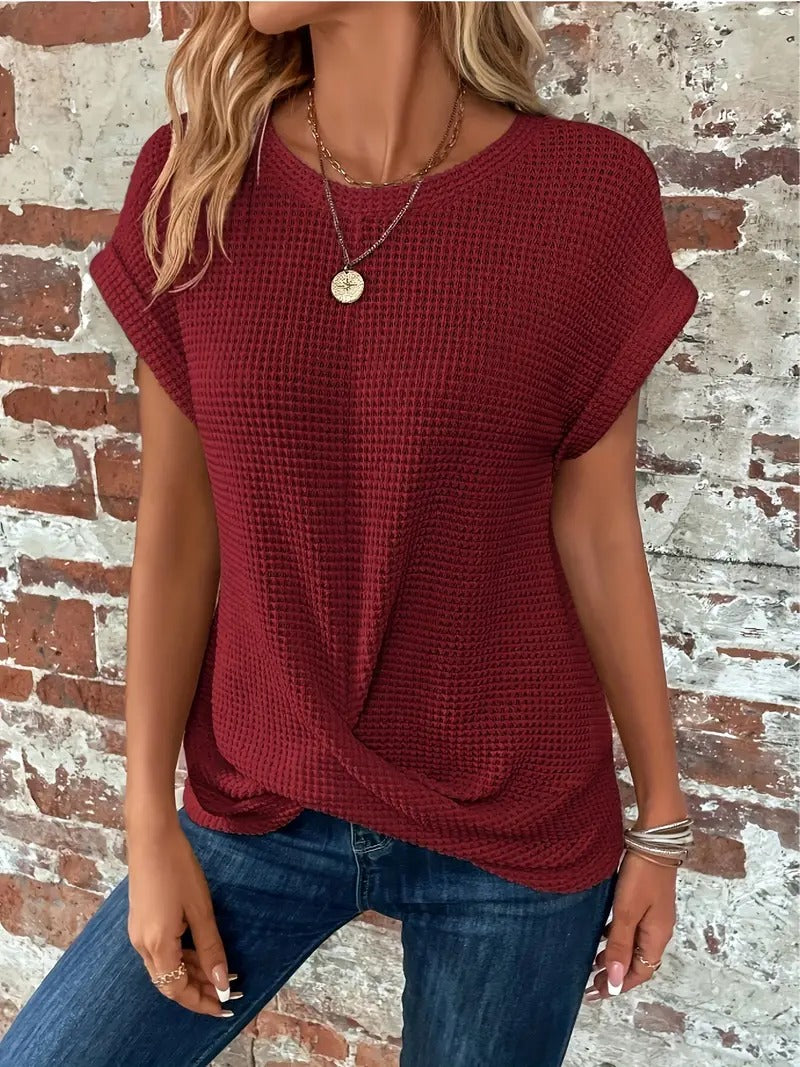 Women's Casual Waffle Knit T-shirt with Front Twist | Perfect for Casual Days