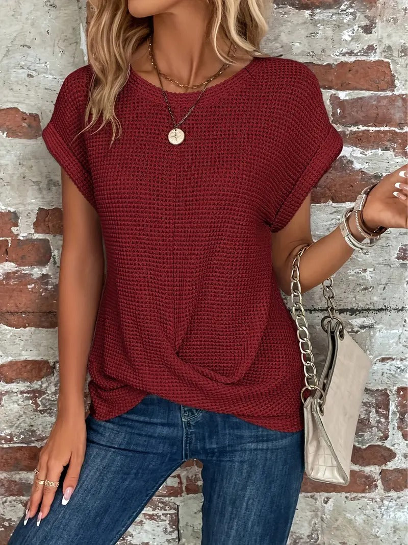 Women's Casual Waffle Knit T-shirt with Front Twist | Perfect for Casual Days