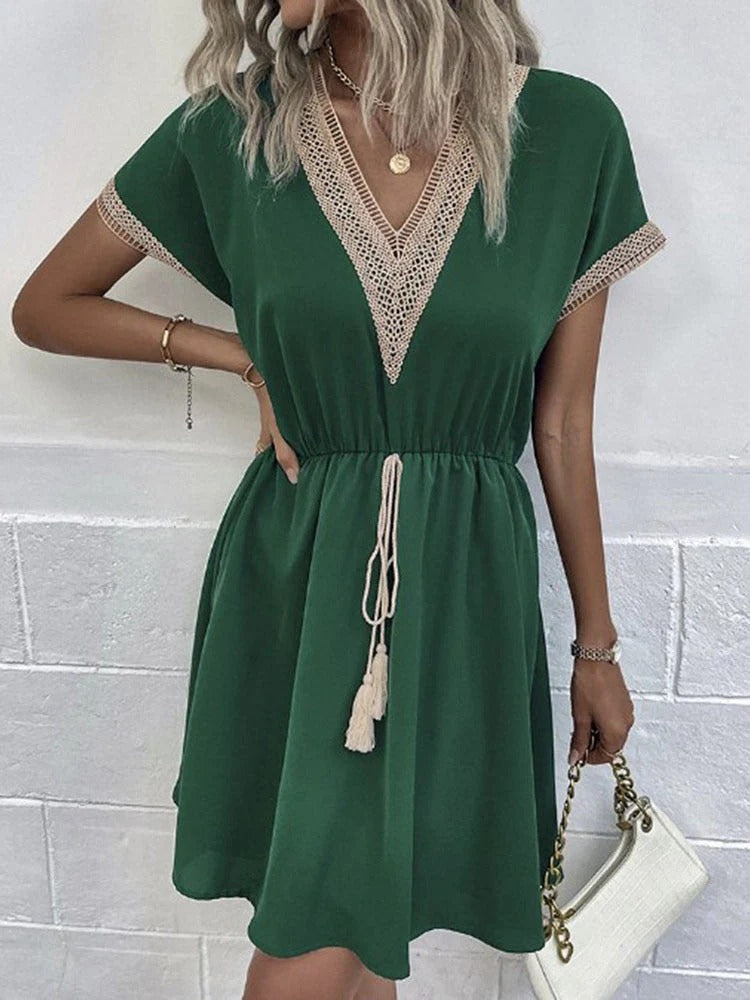 Women's Elastic Wait V-neck Boho Dress | Ideal for Summer