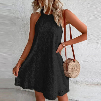 Women's Chic Sleeveless Halter Summer Dress with Eyelet Style | Ideal for Summer