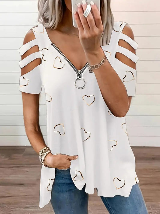 Women's Cold Shoulder T-shirt with Heart Print and Zipper Detail | Ideal for Spring/Summer