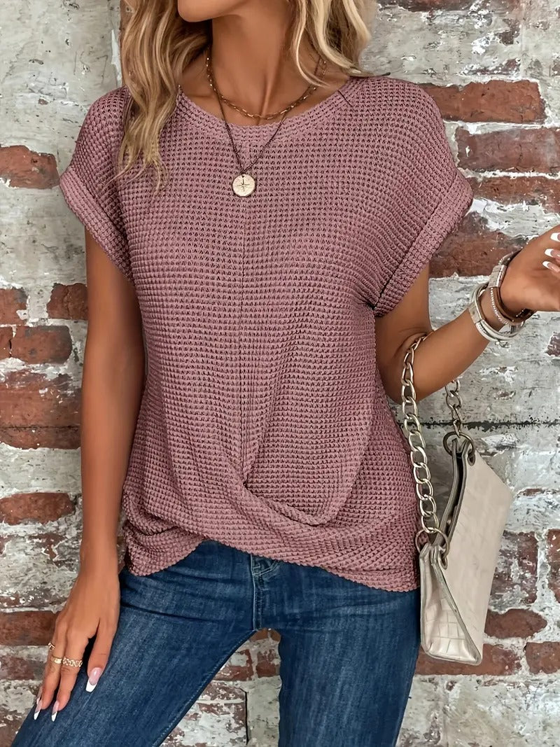 Women's Casual Waffle Knit T-shirt with Front Twist | Perfect for Casual Days