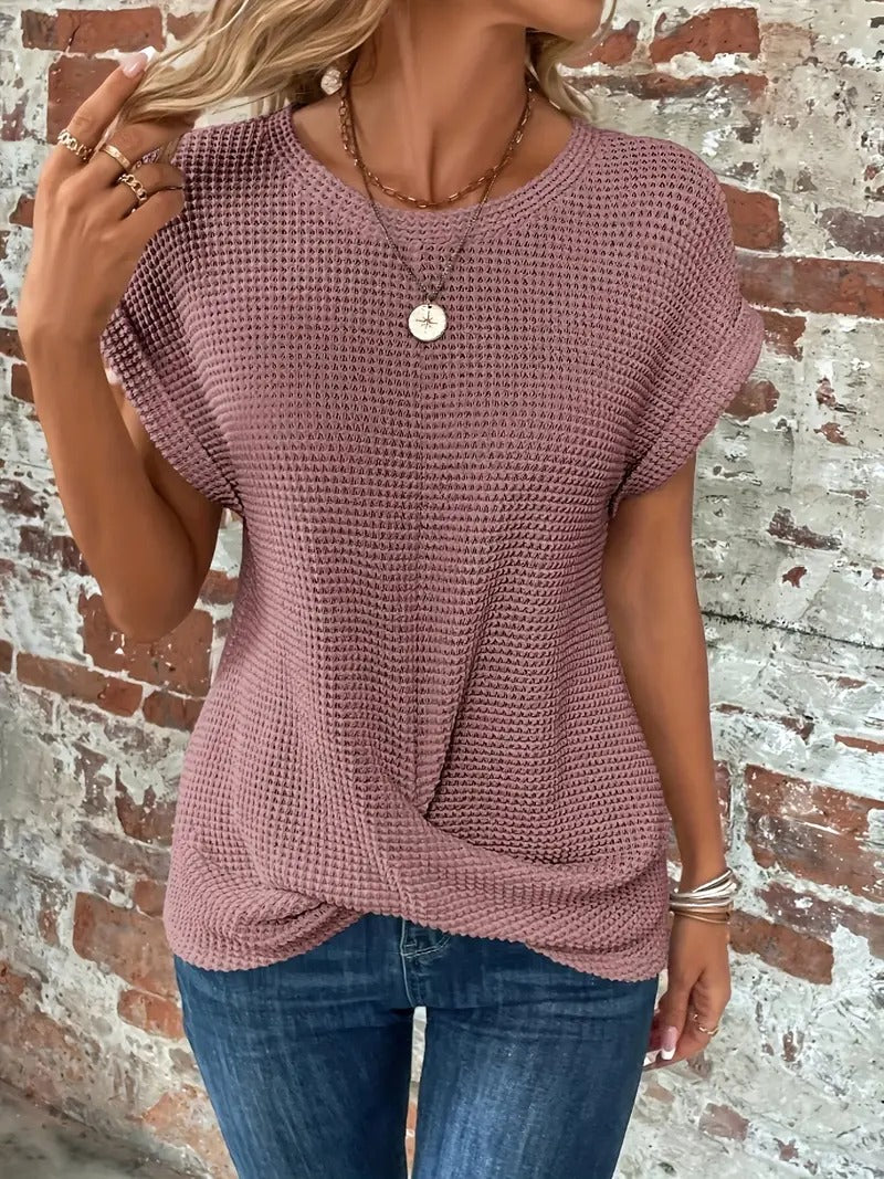 Women's Casual Waffle Knit T-shirt with Front Twist | Perfect for Casual Days