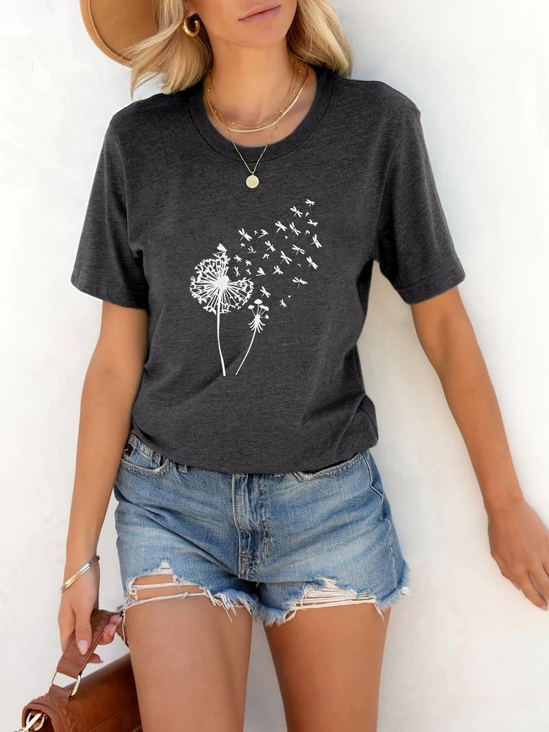 Women's Dandelion Print Round Neck T-Shirt | Ideal for Spring/Summer