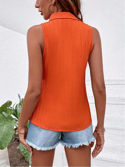 Women's Stylish Orange Sleeveless Shirt with Collar and Button Details | Ideal for Spring/Summer