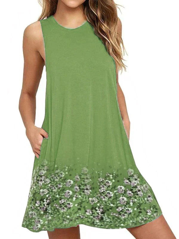 Women's Round Neck Sleeveless Printed A-Line Beach Dress  | Ideal for Summer