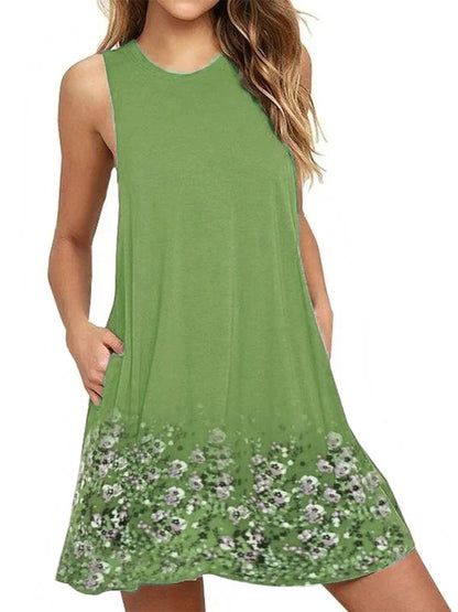 Women's Round Neck Sleeveless Printed A-Line Beach Dress  | Ideal for Summer