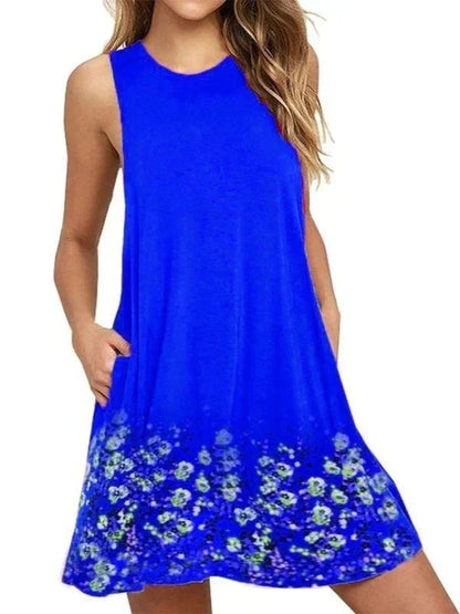 Women's Round Neck Sleeveless Printed A-Line Beach Dress  | Ideal for Summer