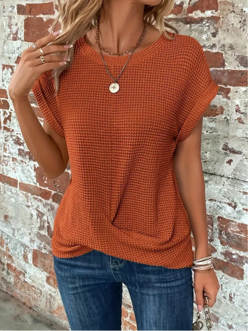 Women's Casual Waffle Knit T-shirt with Front Twist | Perfect for Casual Days