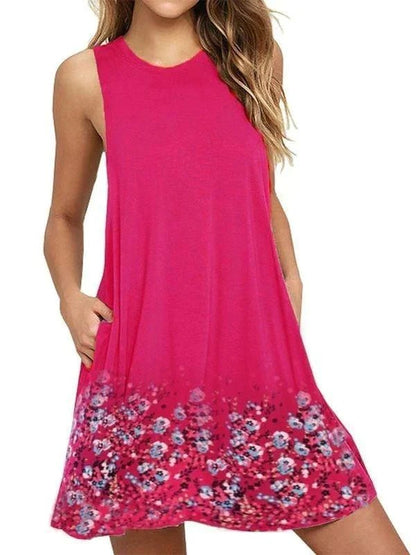 Women's Round Neck Sleeveless Printed A-Line Beach Dress  | Ideal for Summer