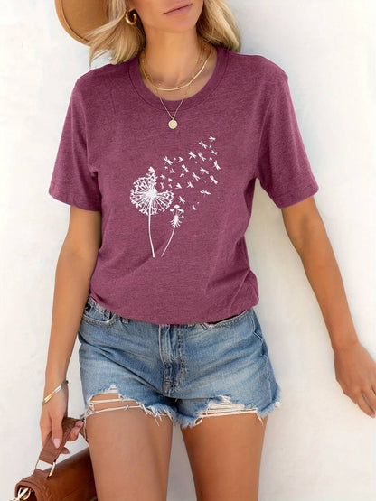 Women's Dandelion Print Round Neck T-Shirt | Ideal for Spring/Summer