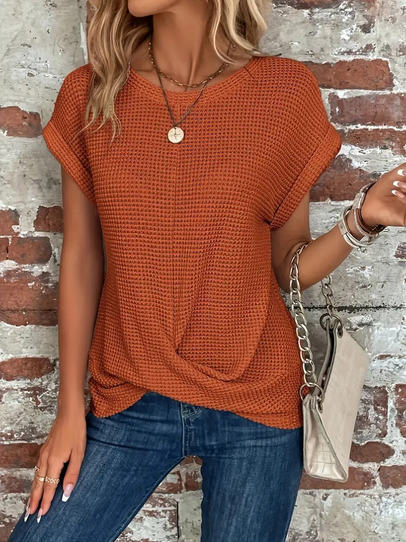 Women's Casual Waffle Knit T-shirt with Front Twist | Perfect for Casual Days