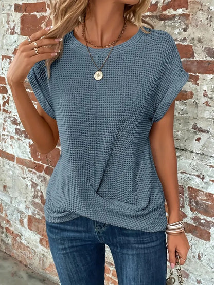 Women's Casual Waffle Knit T-shirt with Front Twist | Perfect for Casual Days