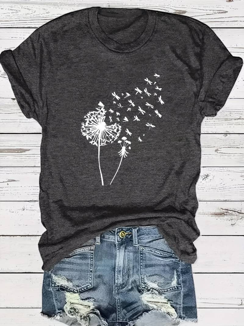 Women's Dandelion Print Round Neck T-Shirt | Ideal for Spring/Summer