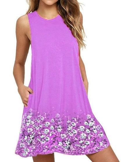 Women's Round Neck Sleeveless Printed A-Line Beach Dress  | Ideal for Summer